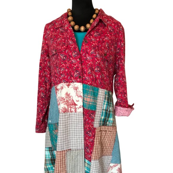 Boho Patchwork Duster, L: Upcycled Heavyweight Hippie Jacket, Paisley Floral - Picture 8 of 11